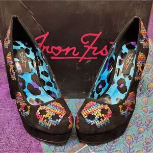 IRON FIST SUGAR HICCUP Black & Irridescent Sugar Skulls Platform Heels Size 5